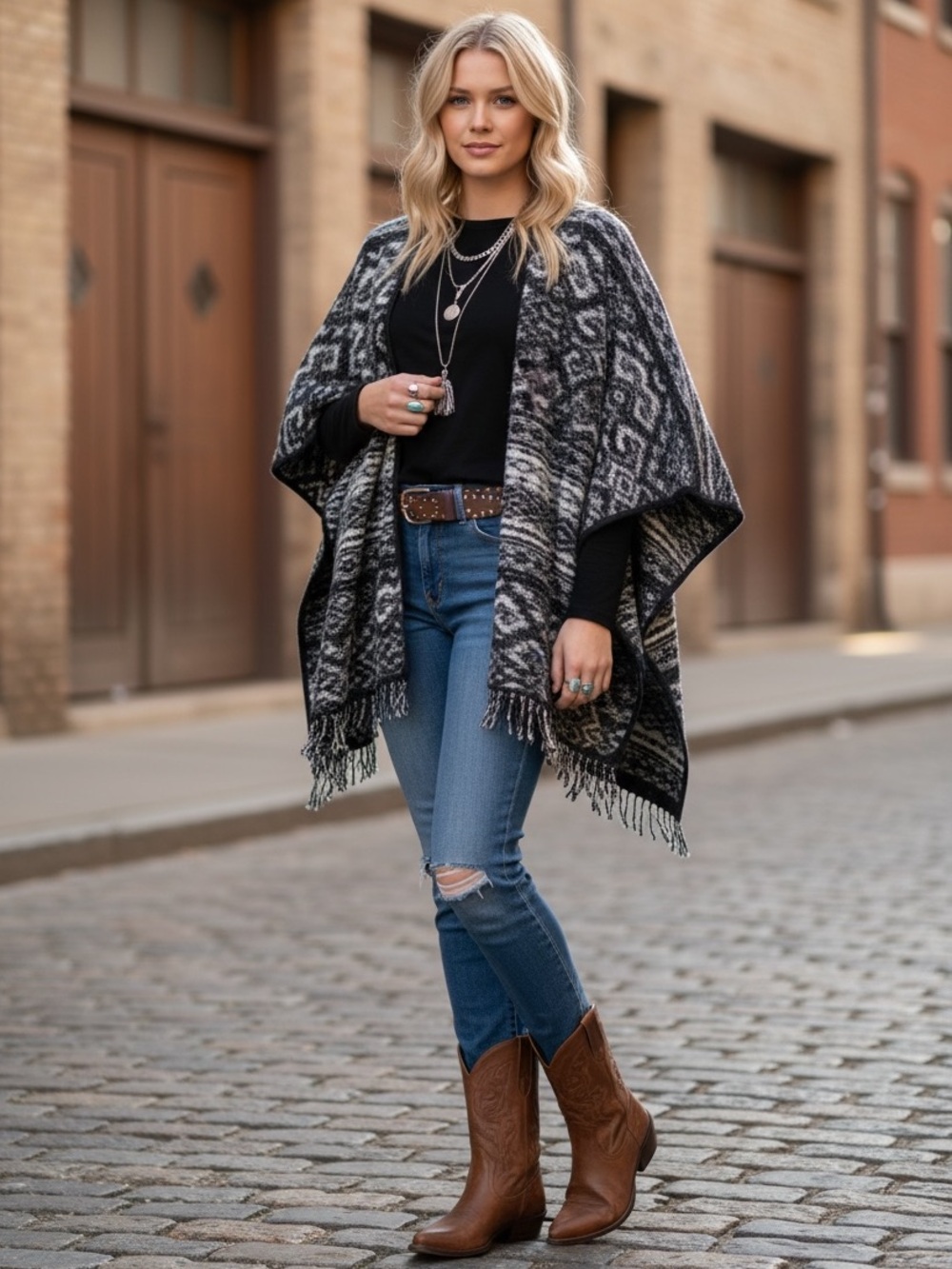 LUCKY BRAND Poncho Shawl Boho
Aztec Print Western Black Gray One Size